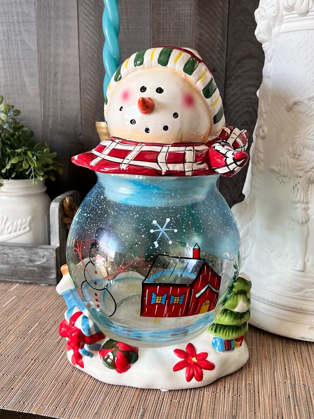Snowman Cookie Jar Hand Paint Glass Base Snowflakes Christmas 12” X 7.5”